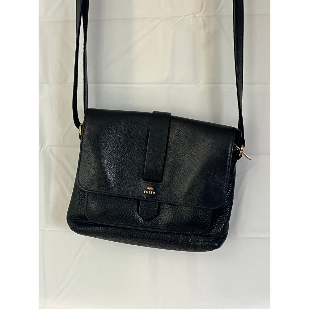 Fossil Kinley Black Pebbled Leather Crossbody Flap Bag Gold Hardware